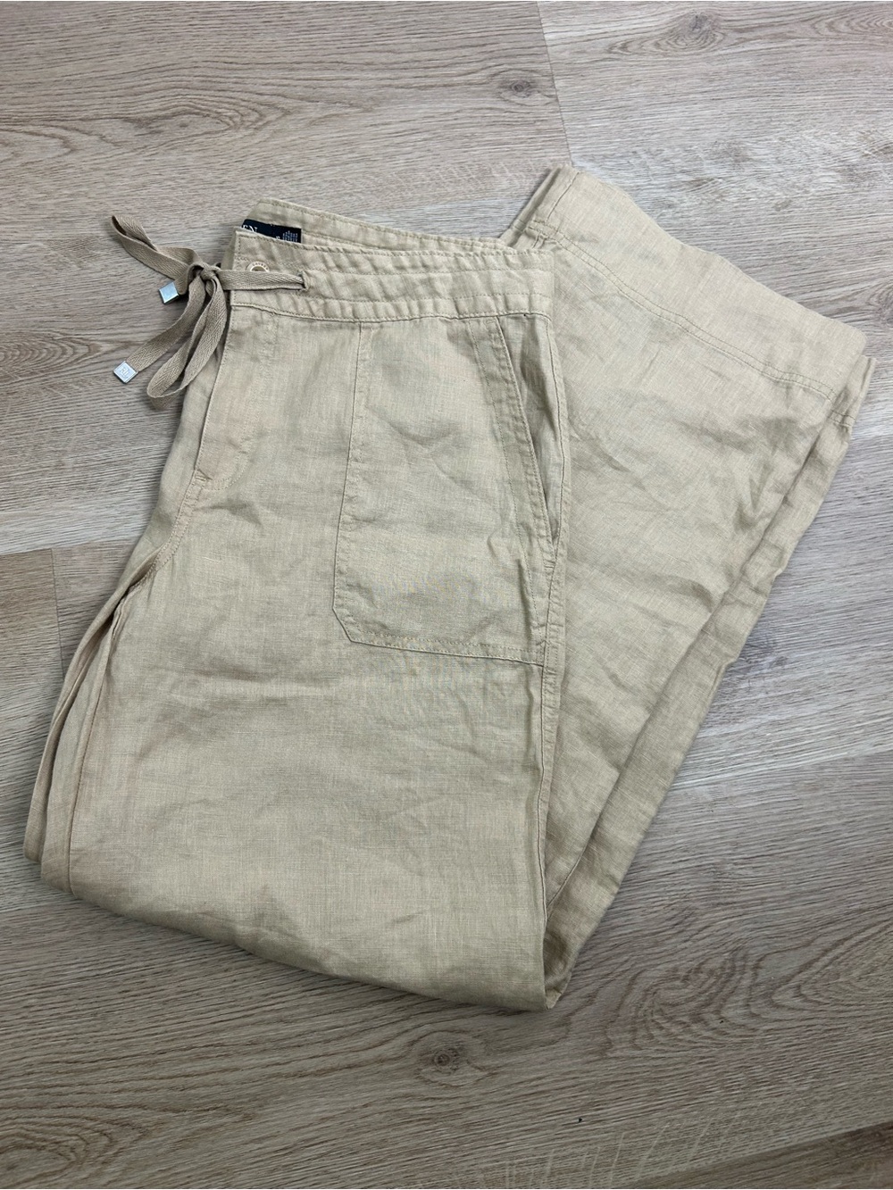 Ralph Lauren 100% Linen Wide Leg Drawstring Pull on Pant in Birch Tan